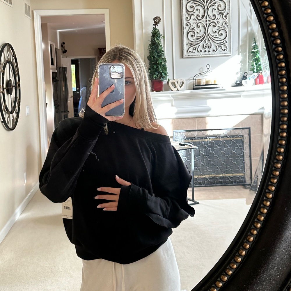 FREE PEOPLE MOVEMENT NWT~ black ruffle one shoulder athletic pullover sweatshirt - Picture 8 of 8